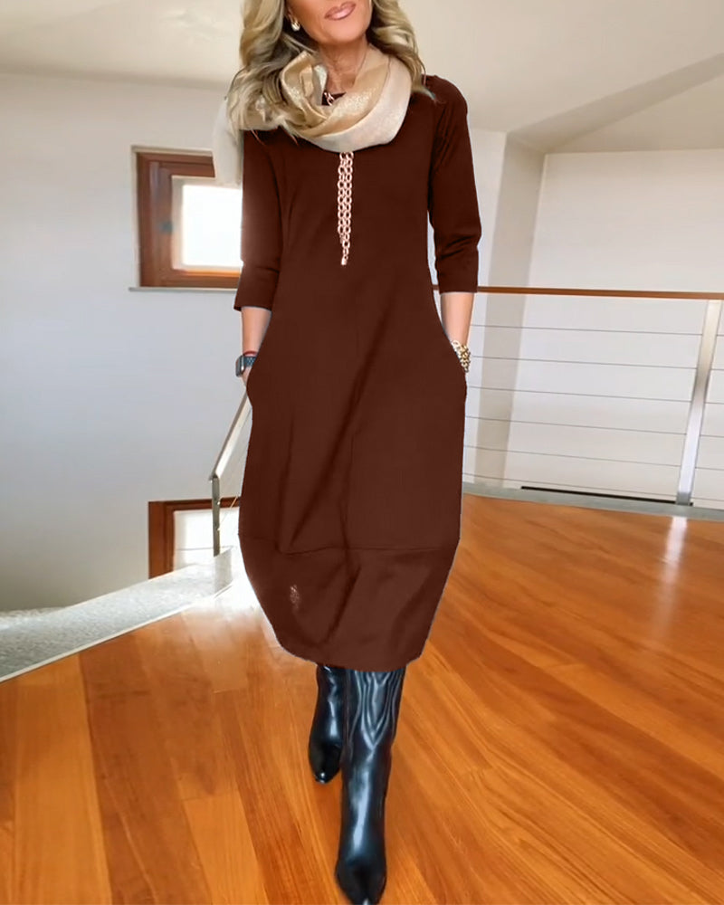 Women’s Elegant Midi Dress – 3/4 Sleeve Minimalist Workwear Style