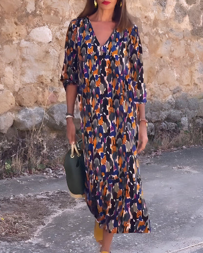 Women's Printed Midi Dress with V-Neckline and 3/4 Puff Sleeves
