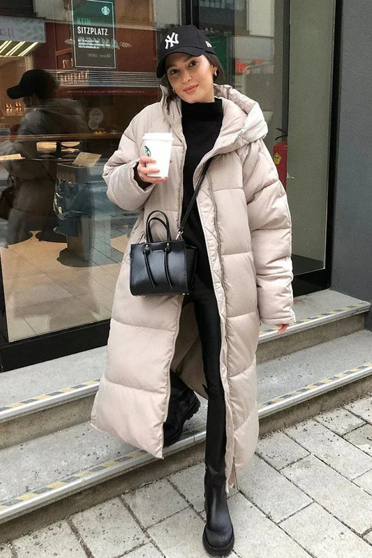 Women's Long Quilted Puffer Coat with High Neck and Hood