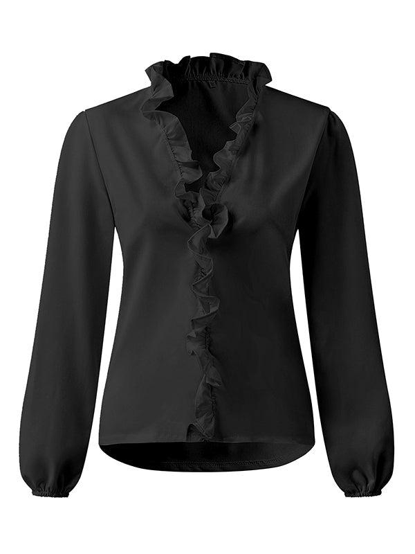 Women's V-Neck Long Sleeve Blouse with Ruffle Trim and Puff Sleeves