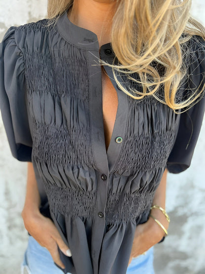Women's Button-Up Blouse with Smocked Bodice and Puff Sleeves