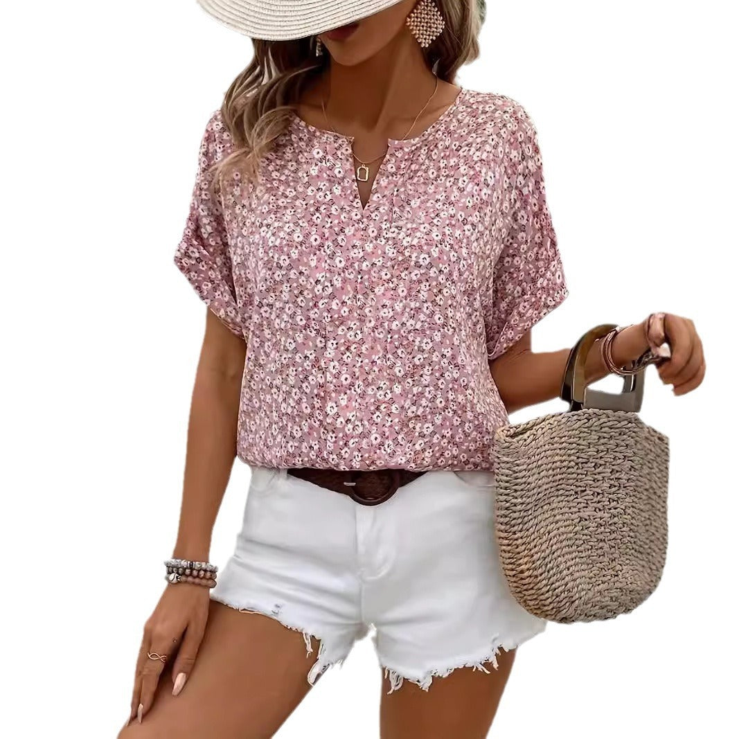 Women's Floral Short-Sleeve Button Top with Loose Casual Fit