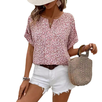 Women's Floral Short-Sleeve Button Top with Loose Casual Fit
