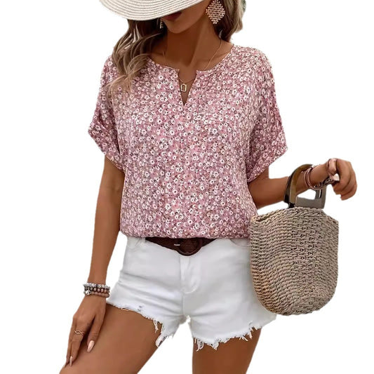 Women's Floral Short-Sleeve Button Top with Loose Casual Fit