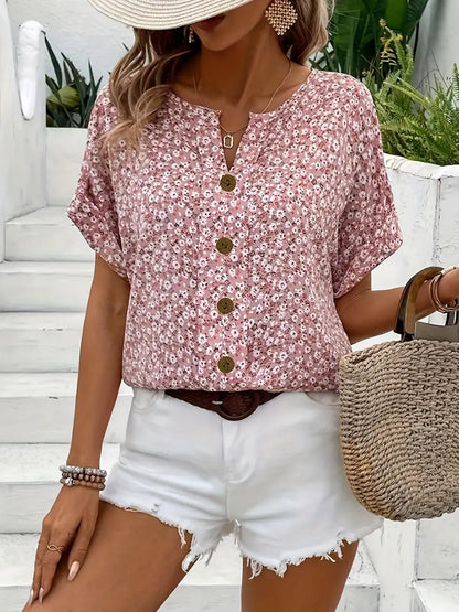 Women's Short-Sleeve Floral Button-Front Blouse