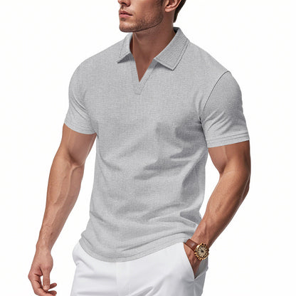Men’s Summer V-Neck Waffle Polo Shirt – Slim & Lightweight
