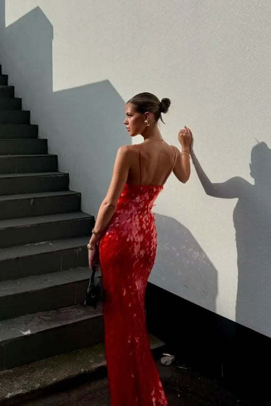 Women's Sequin Maxi Dress with Deep V-Neck and Slim Fit Cut