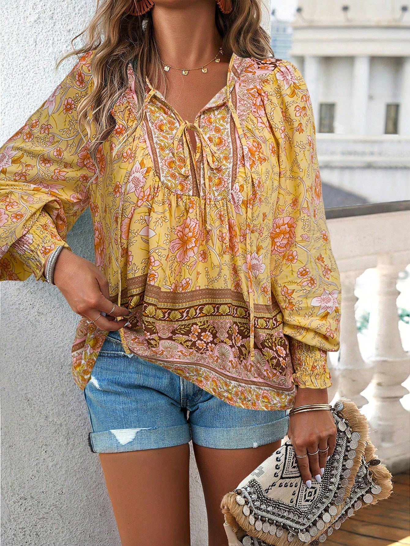 Women's Boho Floral Tunic Top with Long Sleeves and V-Neck Tie