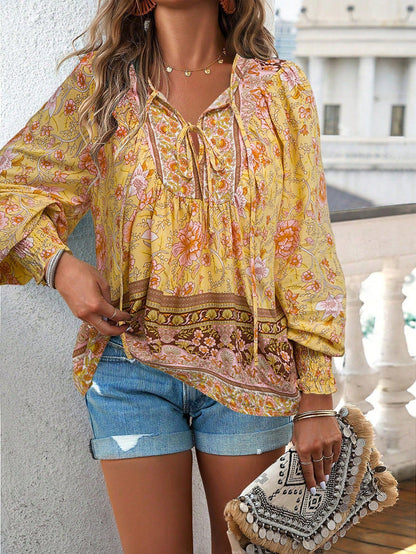 Women's Boho Floral Tunic Top with Long Sleeves and V-Neck Tie