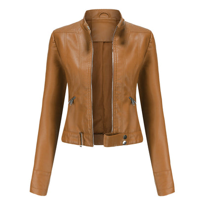 Women's Leather Jacket with Zip Closure High Collar and Belt