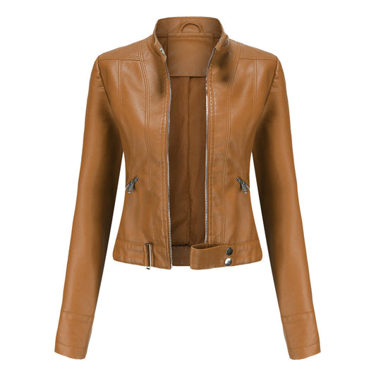 Women's Leather Jacket with Zip Closure High Collar and Belt