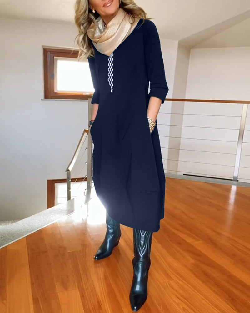 Women’s Elegant Midi Dress – 3/4 Sleeve Minimalist Workwear Style