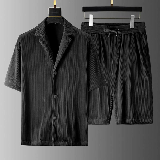 Men's Two-Piece Set with Ribbed Button Shirt and Drawstring Shorts
