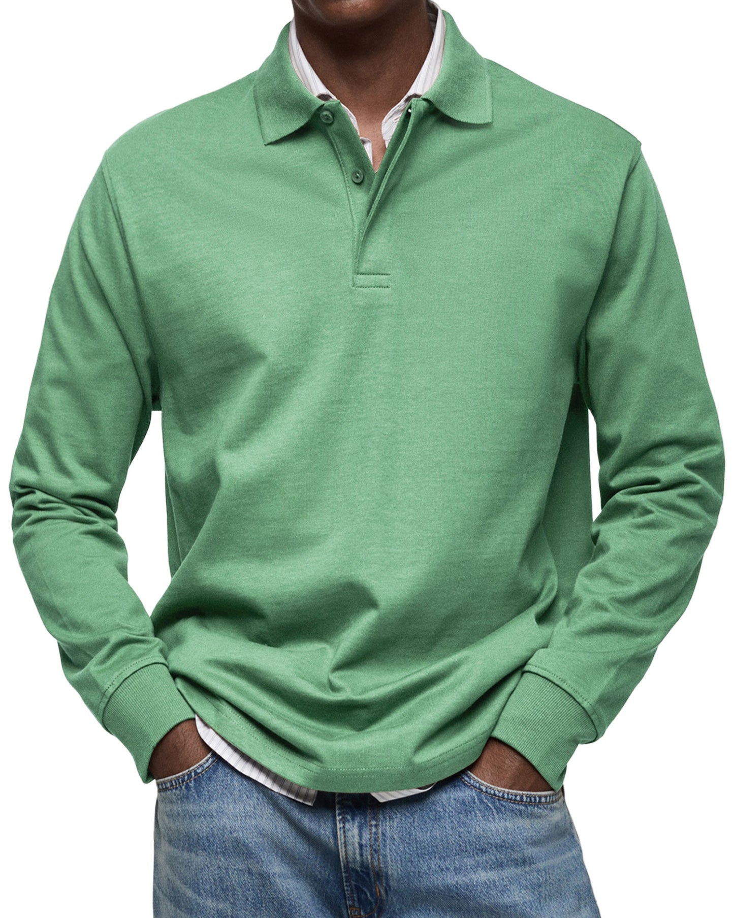 Men's Long Sleeve Polo Shirt with Button Collar and Cuffed Hem