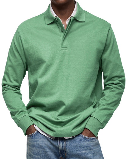 Men's Long Sleeve Polo Shirt with Button Collar and Cuffed Hem