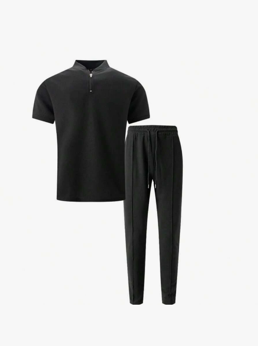 Men’s Two Piece Zip Neck Top and Drawstring Pants Set with Tapered Fit