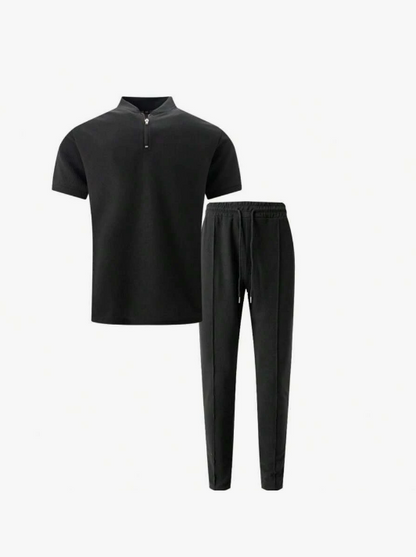 Men’s Two Piece Zip Neck Top and Drawstring Pants Set with Tapered Fit