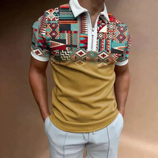 Men's Short Sleeve Polo Shirt with Retro Zip Stripe Design