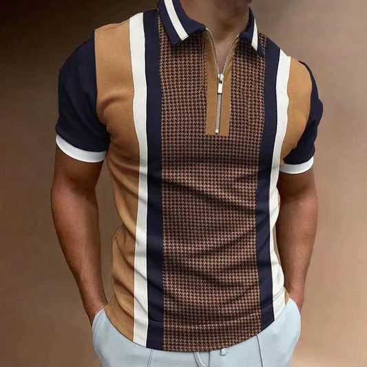 Men's Short Sleeve Polo Shirt with Retro Zip Stripe Design