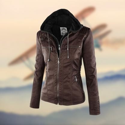 Women's Fitted Leather Jacket with Hood and Zipper Details