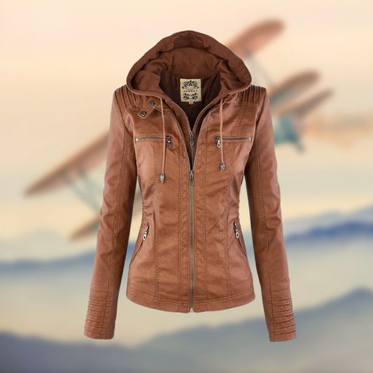 Women's Fitted Leather Jacket with Hood and Zipper Details