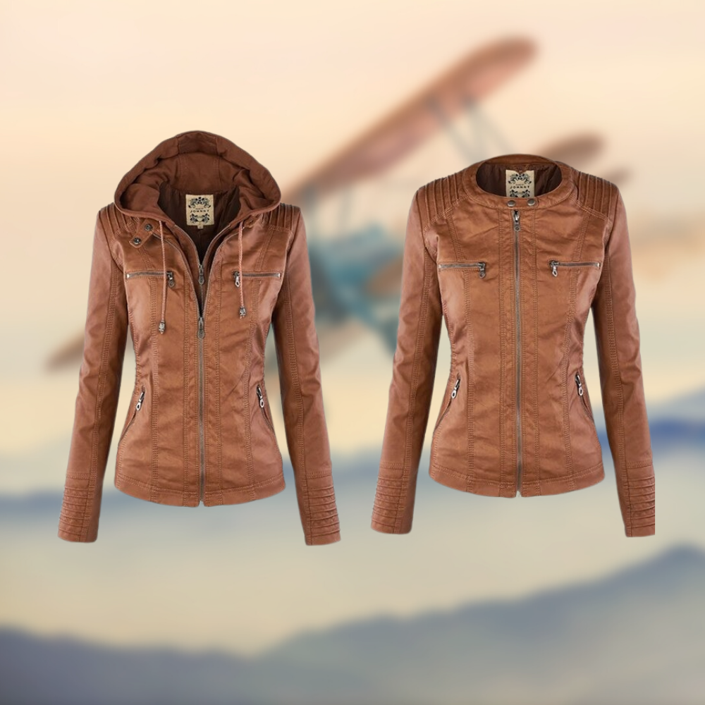 Women's Fitted Leather Jacket with Hood and Zipper Details