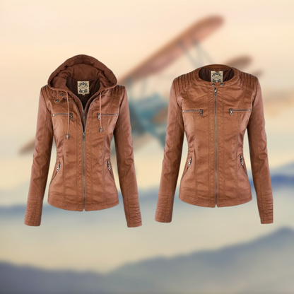 Women's Fitted Leather Jacket with Hood and Zipper Details
