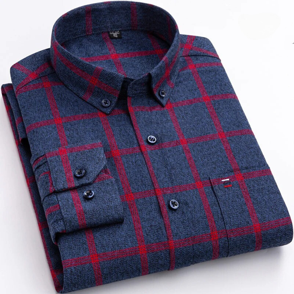 Men's Long Sleeve Checkered Shirt with Button Down Collar