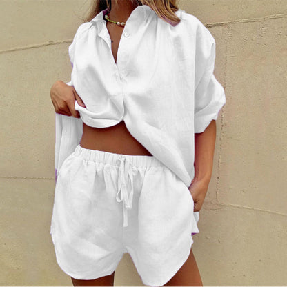 Women's Relaxed Two-Piece Shirt and Shorts Set with Drawstring Waist
