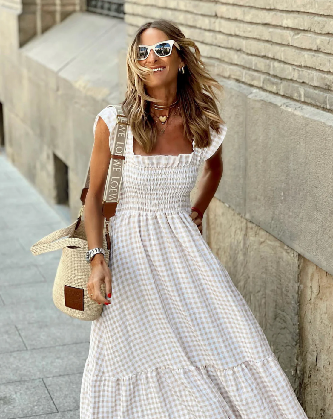 Women's Smocked Gingham Maxi Dress with Ruffle Sleeves