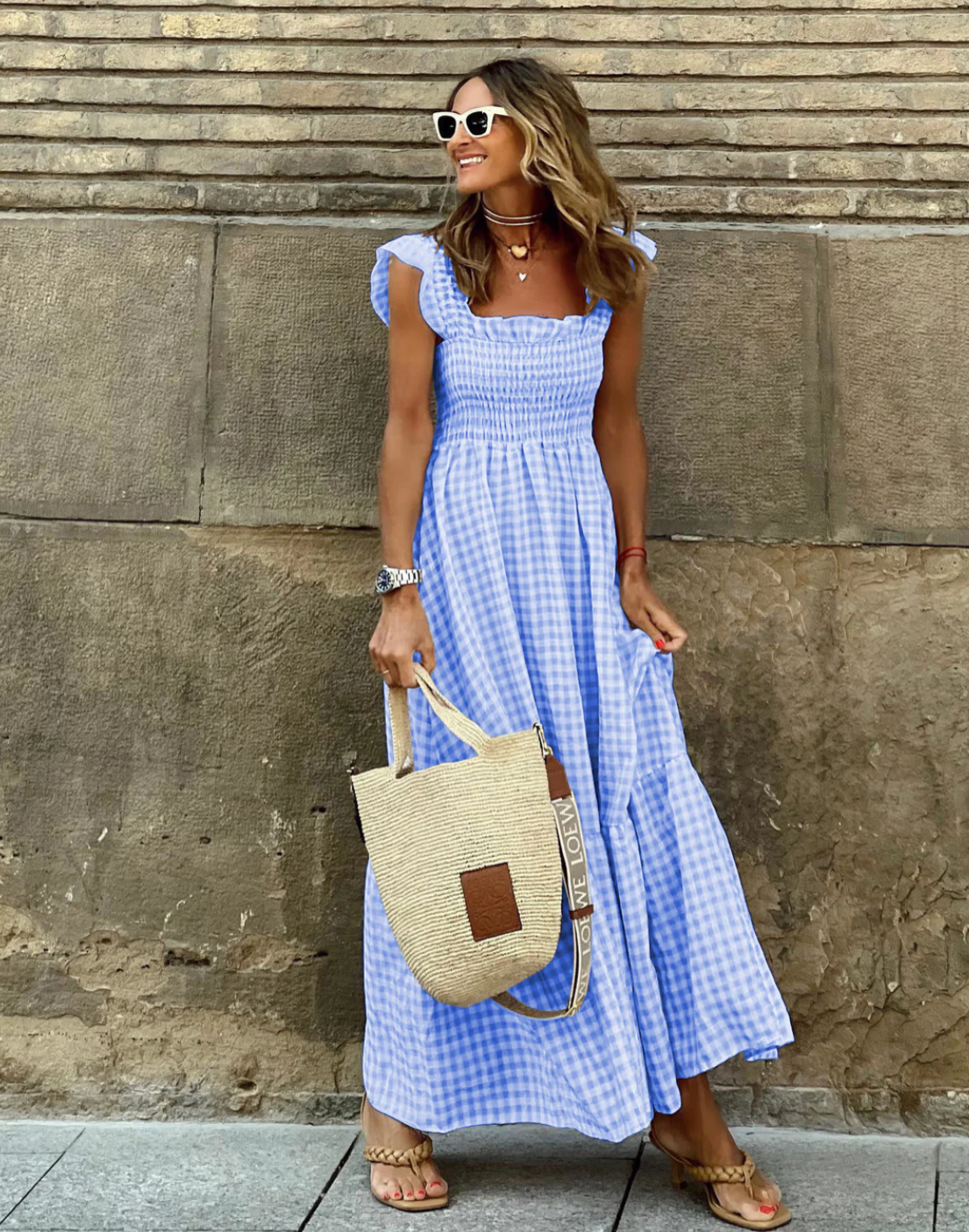 Women's Smocked Gingham Maxi Dress with Ruffle Sleeves