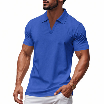 Men’s Summer V-Neck Waffle Polo Shirt – Slim & Lightweight