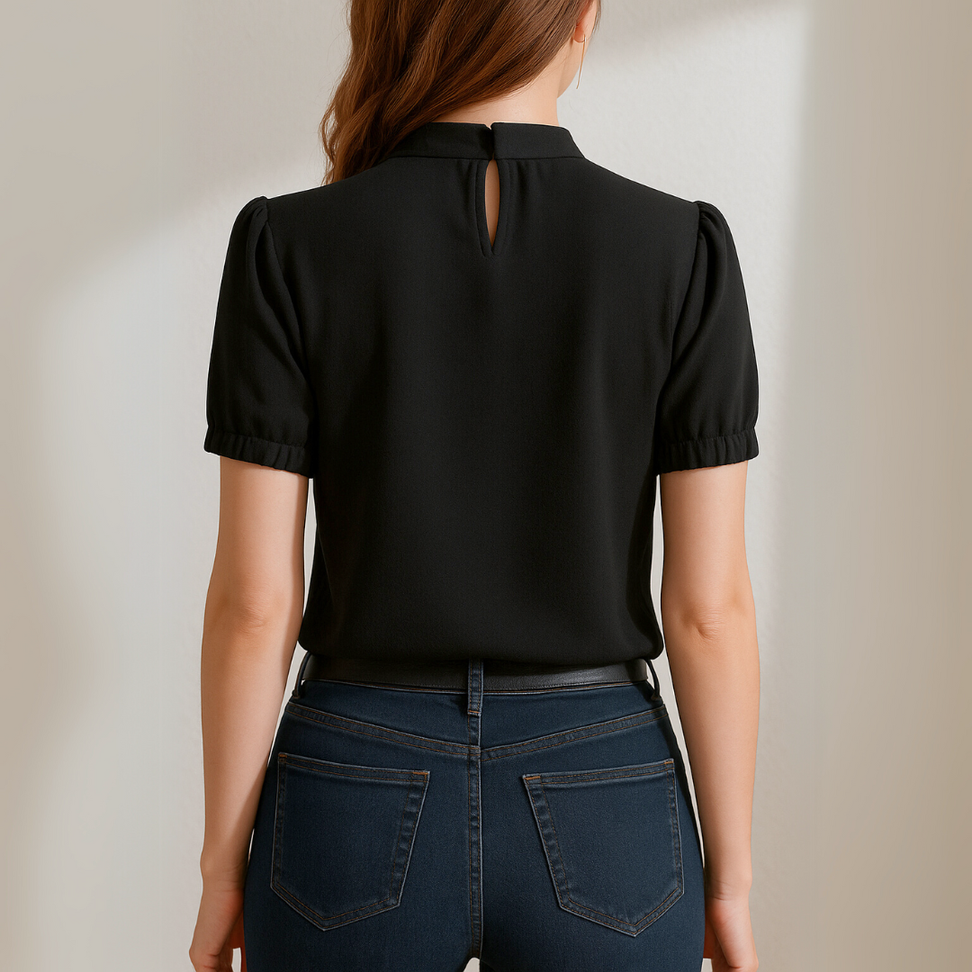 Women's Pleated High-Neck Blouse with Cut-Out Short Sleeves