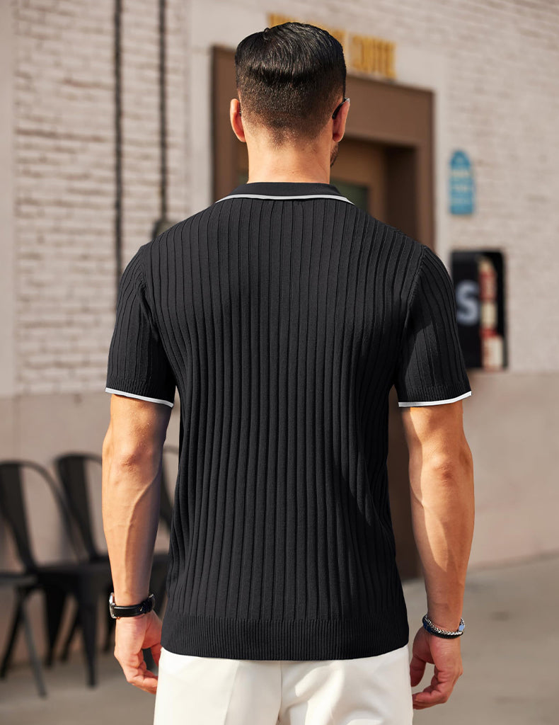 Men's Ribbed Short-Sleeve Zip Polo Shirt with Contrast Trim