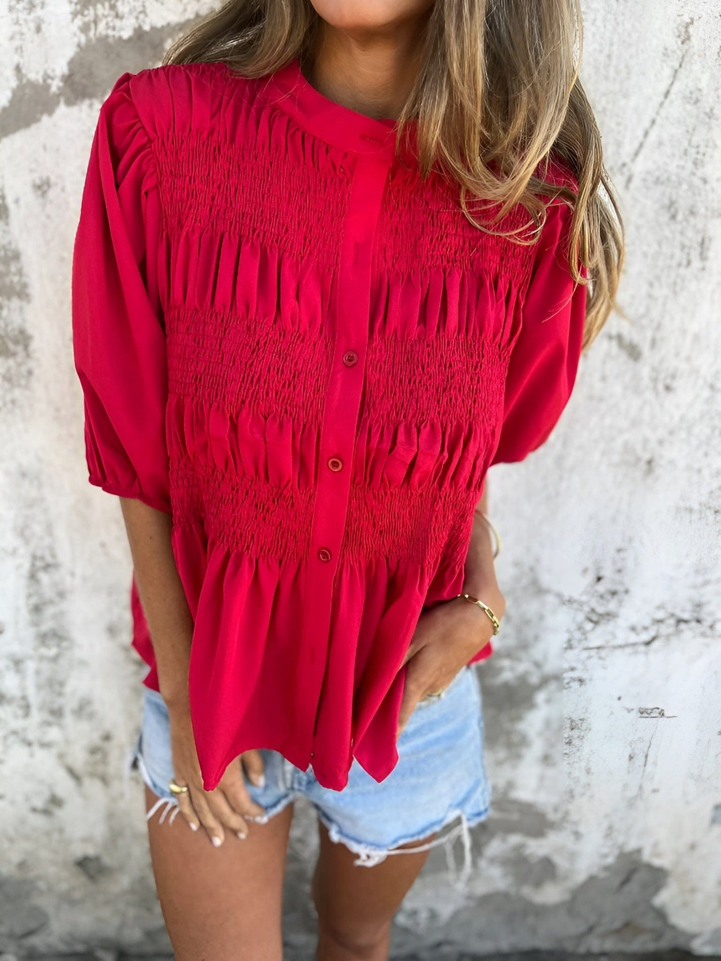 Women's Button-Up Blouse with Smocked Bodice and Puff Sleeves