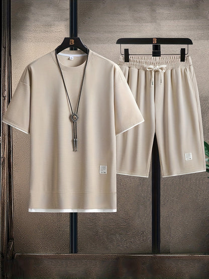 Men's Two-Piece Set with Short-Sleeve Top and Drawstring Shorts