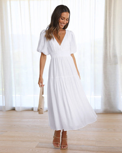 Women’s V-Neck Midi Dress with Tiered Hem and Short Puff Sleeves