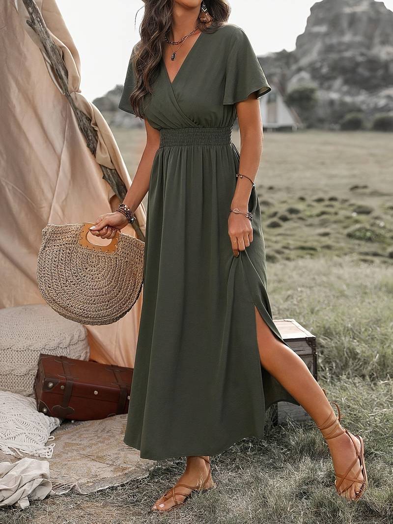 Women's V-Neck Maxi Dress with Elasticated Waist