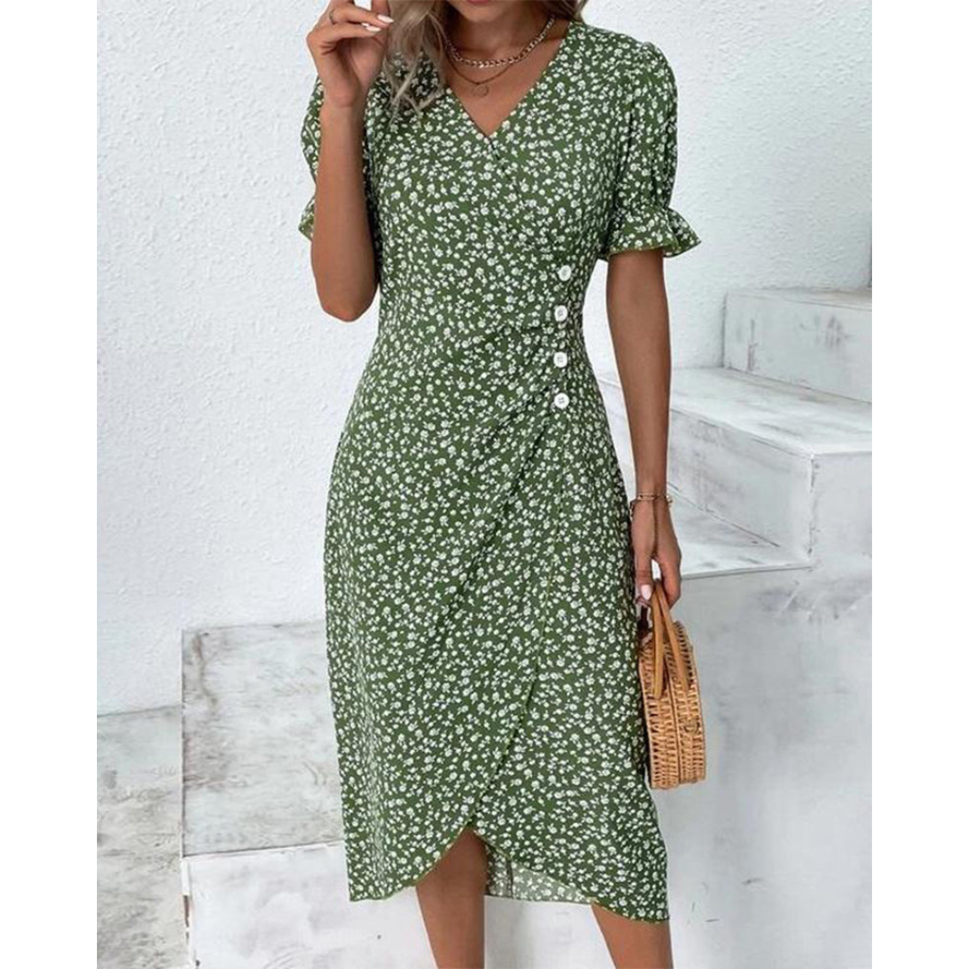 Summer Midi Dress for Women with Puff Sleeves and Buttons