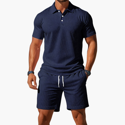 Men's Short Sleeve Polo and Shorts Set with Drawstring Waist
