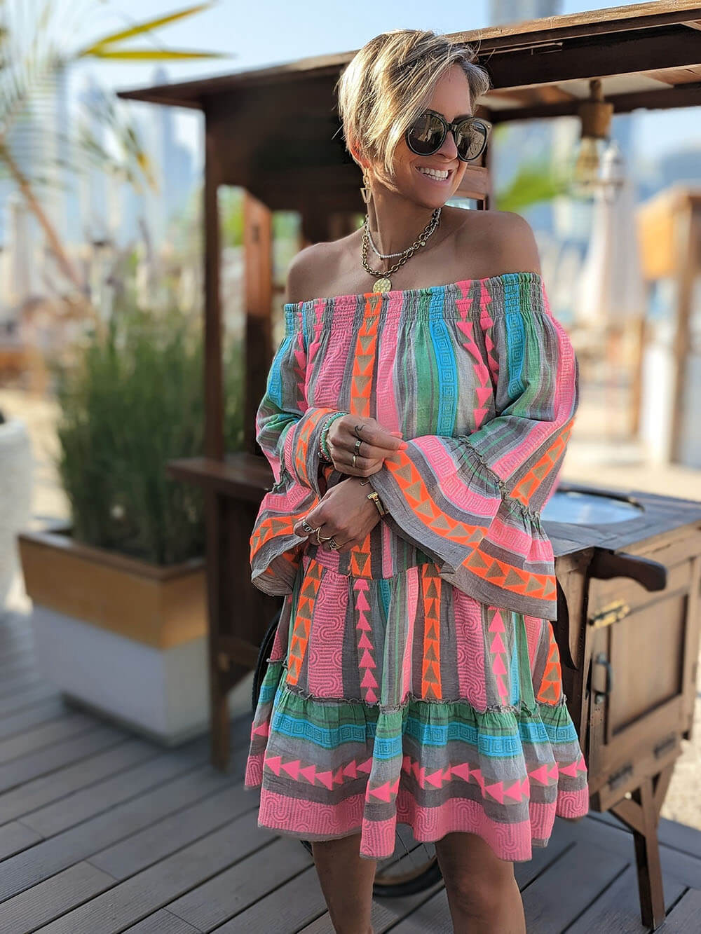 Women’s Ethnic Print Off-Shoulder Loose Mini Dress