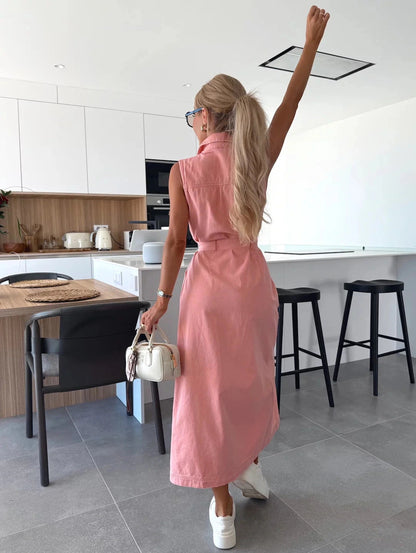 Women's Sleeveless Denim Maxi Dress with Button Front and Belted Waist