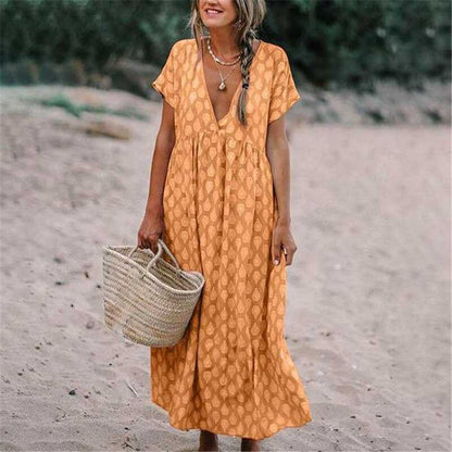 Women's Printed Maxi Dress with V-Neck and Relaxed Short Sleeves