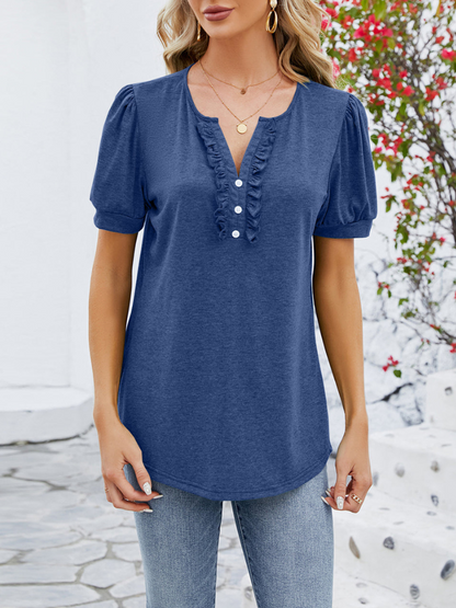 Women's Short-Sleeve Blouse with Button Front and Puff Sleeves
