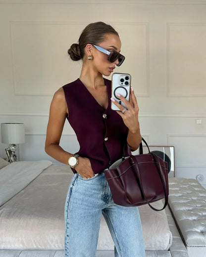 Women's Button-Front Knitted Vest Top with Sleeveless Design