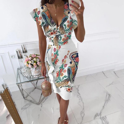 Women's Floral V-Neck Midi Dress with Ruffle Sleeves and Draping