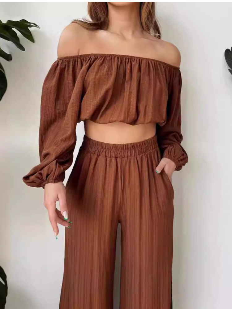 Women's Off-Shoulder Crinkled Two-Piece Set with Long Sleeves and Wide Pants