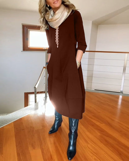 Women’s Elegant Midi Dress – 3/4 Sleeve Minimalist Workwear Style