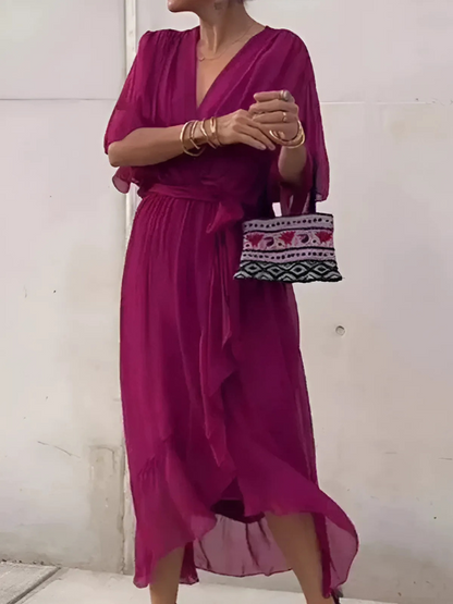 Lightweight Midi Dress with V Neck and Draped Sleeves for Women