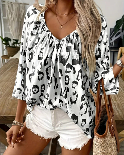 Women's Leopard Print Long-Sleeve Blouse with Gathered Neckline
